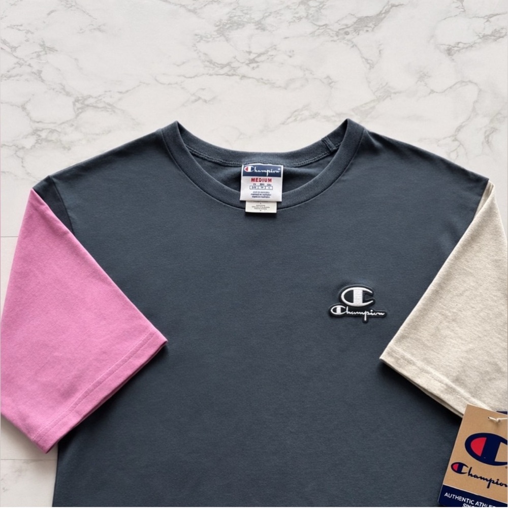 Champion Colorblock Short-Sleeve Tee in Charcoal with Pink & Cream Sleeves